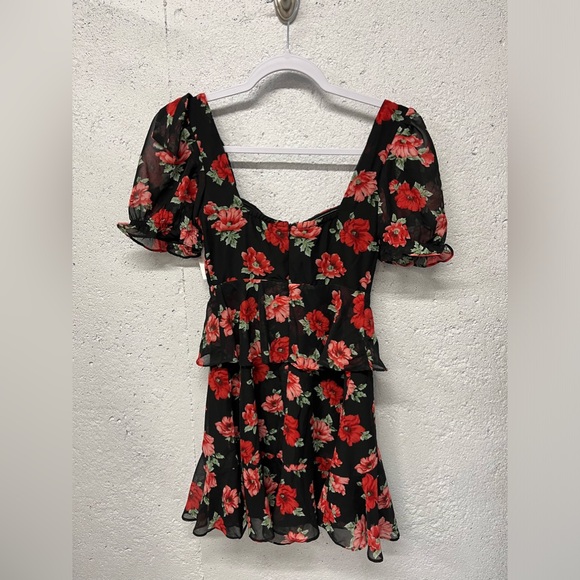 Lioness Dress Brooklyn Black Red Floral Print Fit & Flare Mini Corset Size XS - Picture 4 of 9